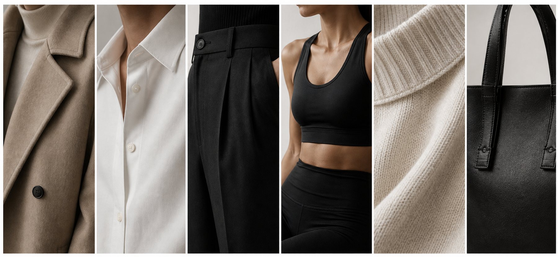 Premium apparel category strip showing coats, shirts, trousers, activewear, knitwear, and accessories