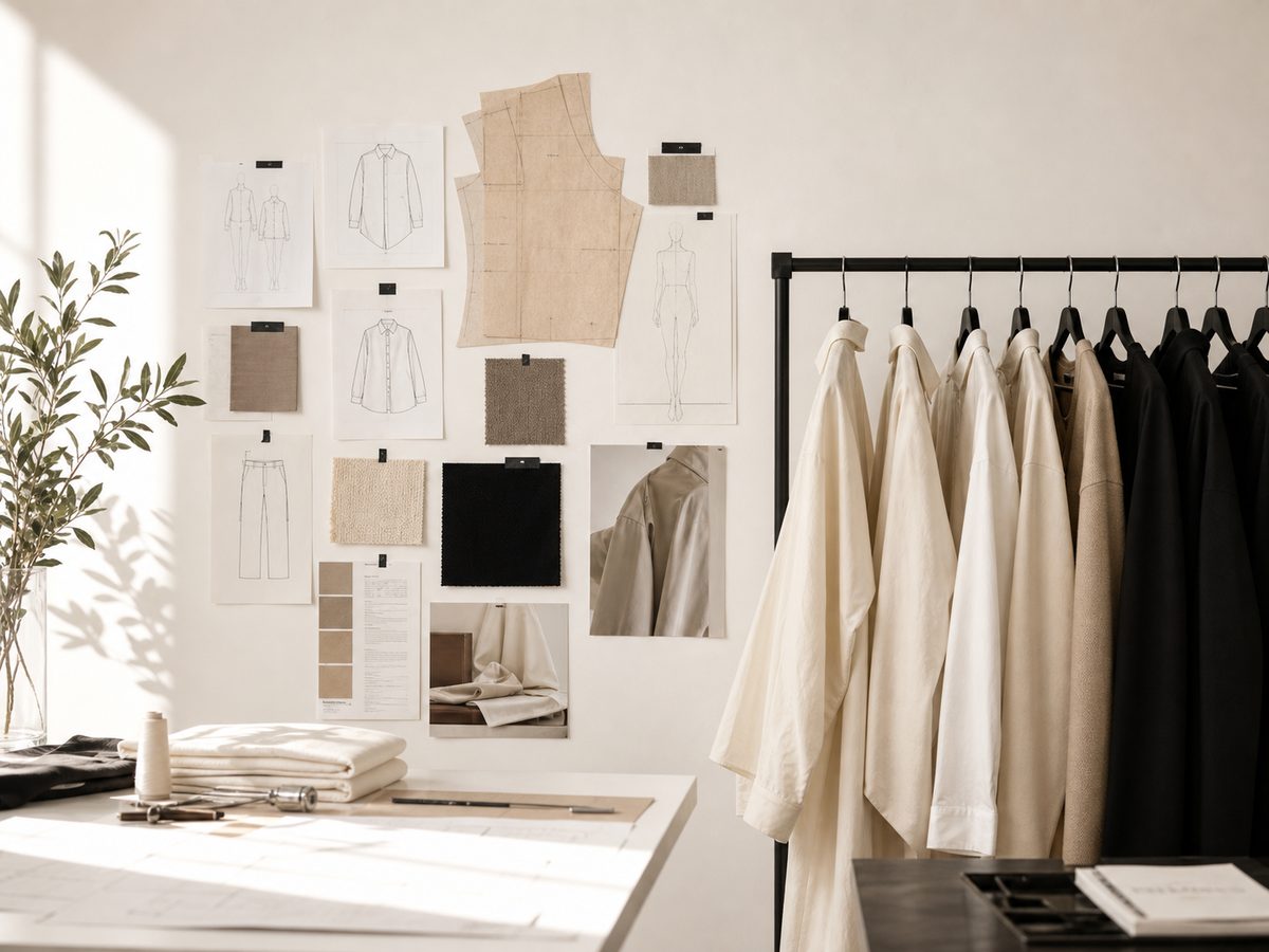 Minimal fashion design studio with sketches and sample garments