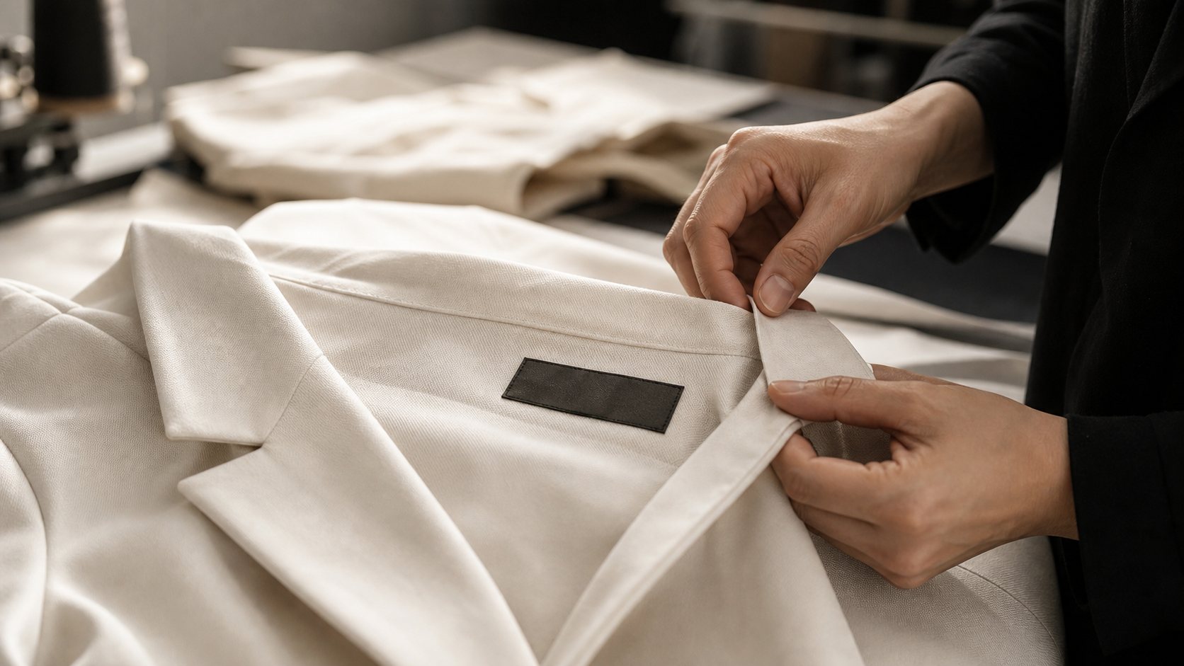 Hands inspecting a premium ivory garment seam