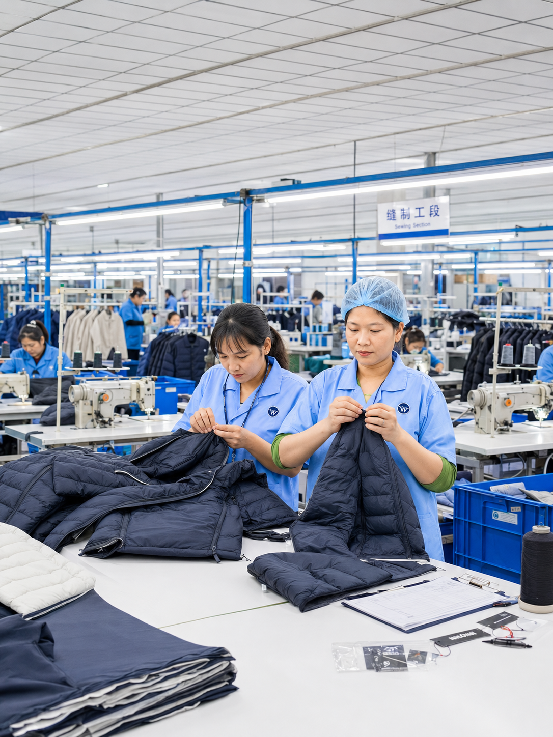 Garment production line with workers checking padded outerwear