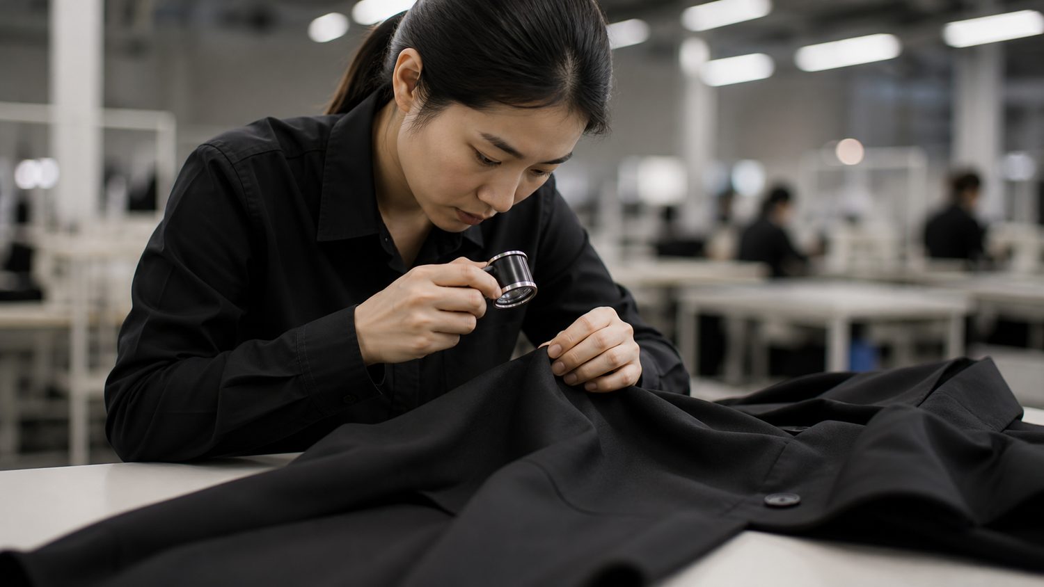 Technician inspecting a premium black garment during quality control